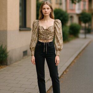 Mable Beige Abstract Puff Sleeve Blouse- size S